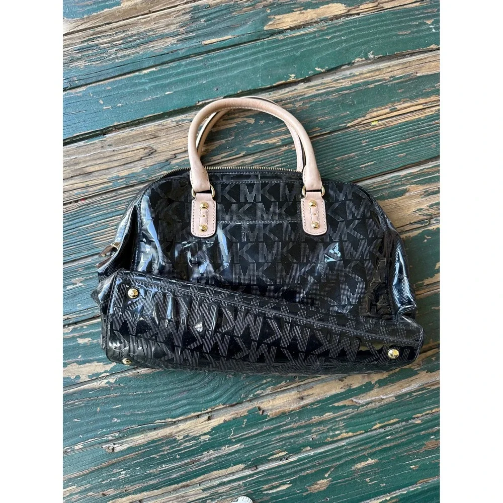 Michael Kors Black Patent MK Monogram Satchel Handbag Gold Hardware A3320